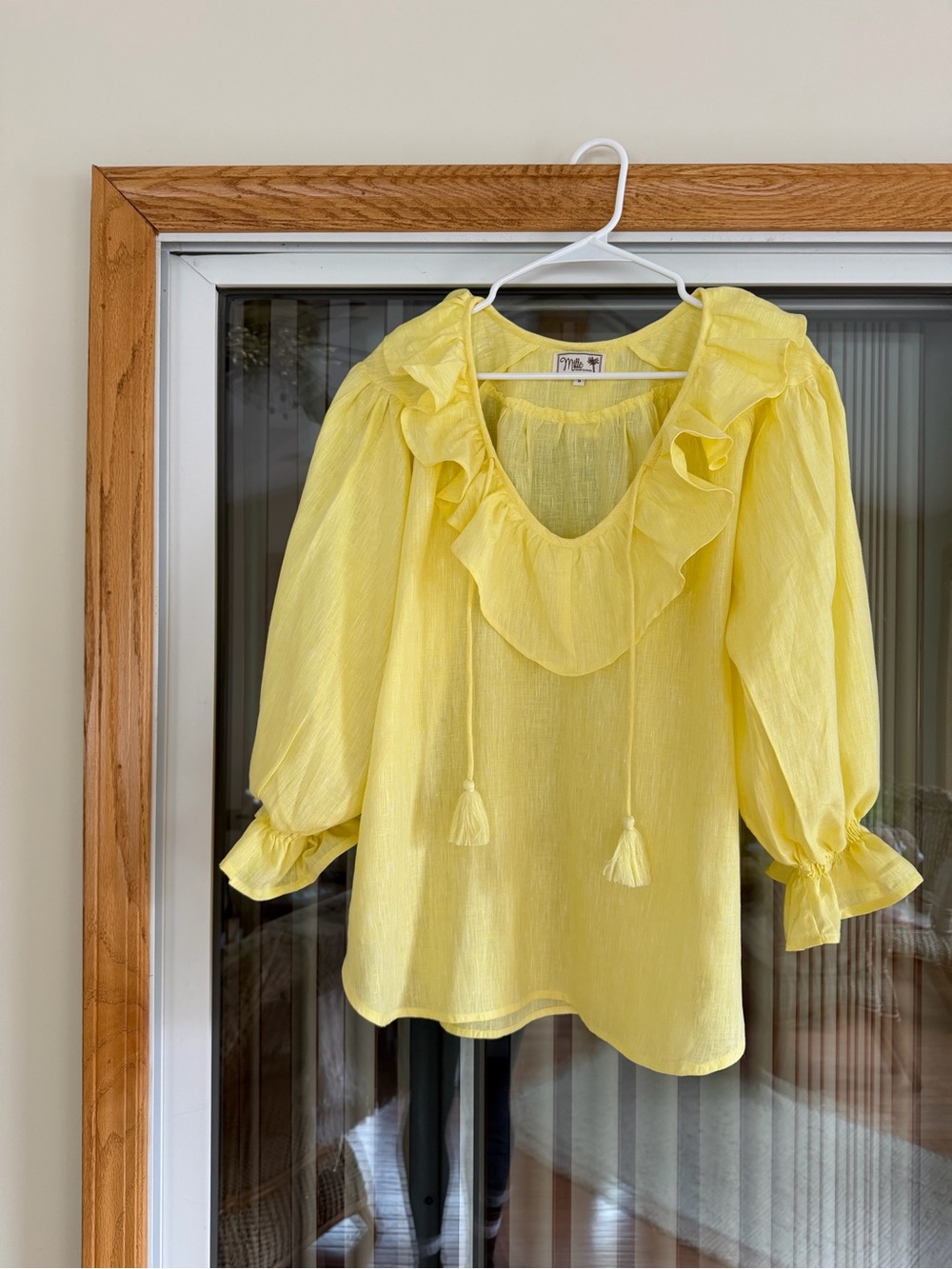 NWOT Yellow Ruffle Linen V-Neck Blouse with Tassel Ties